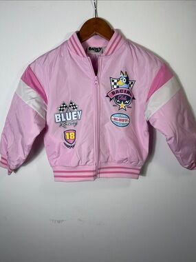 Bluey Racing Team Girls Bomber Jacket Pink Full Zip Puffer Coat Size 6/6X